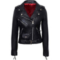 Valentine Romance Ladies Black With Red Lining Real Leather Brando Fitted Urban Look Biker Jacket