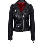 Valentine Romance Ladies Black With Red Lining Real Leather Brando Fitted Urban Look Biker Jacket