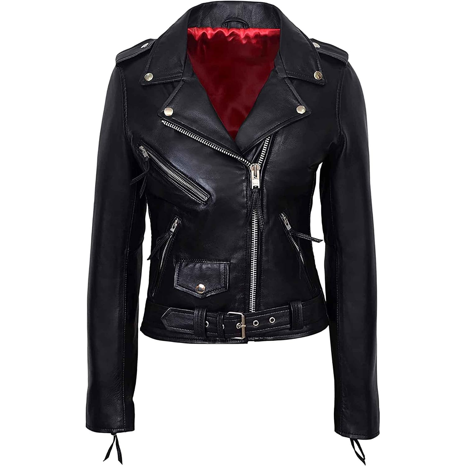 Valentine Romance Ladies Black With Red Lining Real Leather Brando Fitted Urban Look Biker Jacket