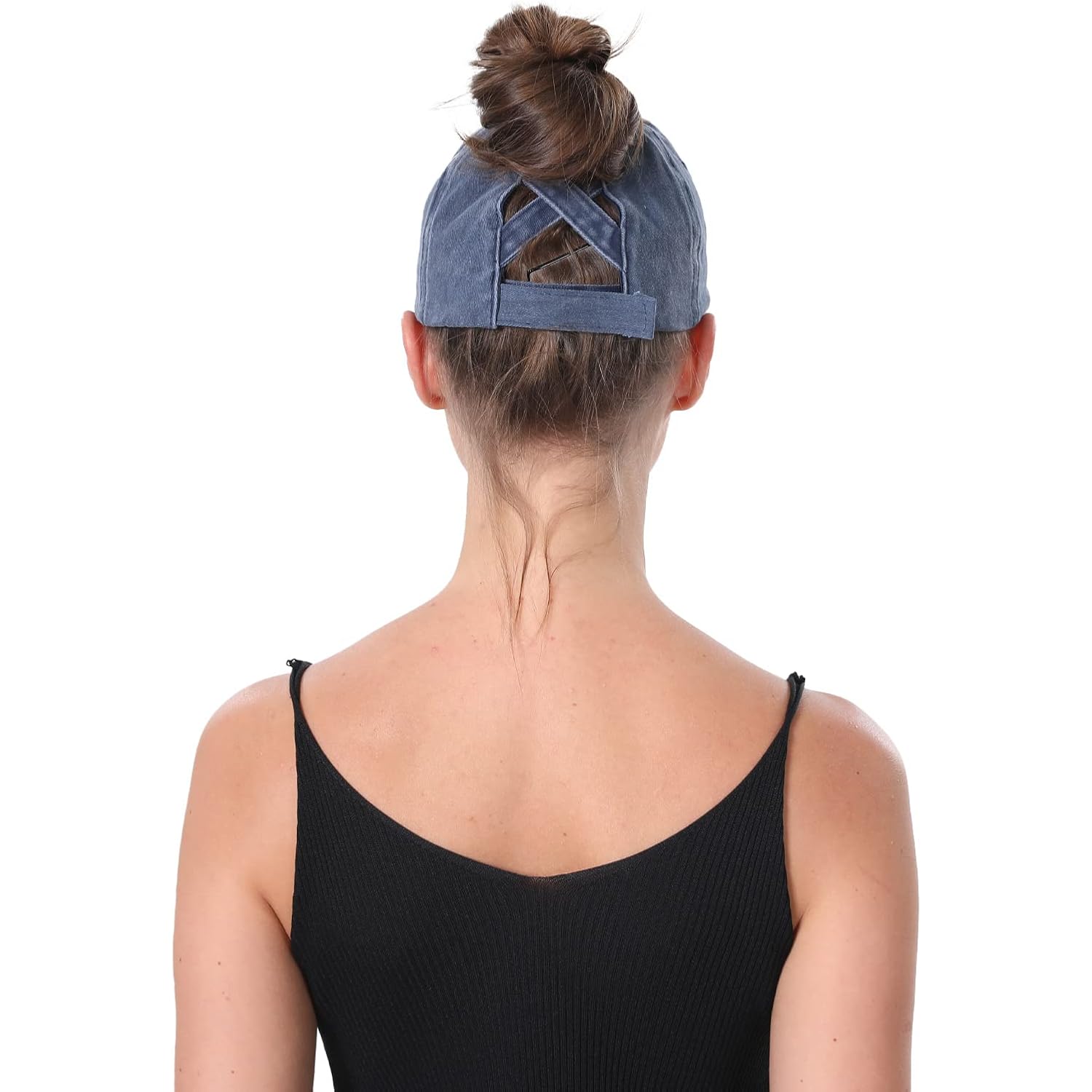Women Distressed Ponytail Baseball Caps Adjustable Criss Cross Ponytail Hats High Messy Bun Ponycap Trucker Hat White