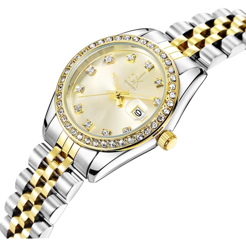 Shengke Women'S Crystal Accented With Solid Alloy Steel Band Watch Elegant Dress Quartz Calendar Watches For Women