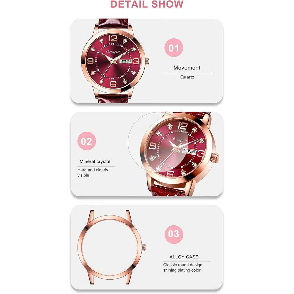 BESTKANG Leather Women Watches Ladies Dress Analog Quartz Date Classic Luminous Leather Strap 3ATM Waterproof Female Wrist Watch