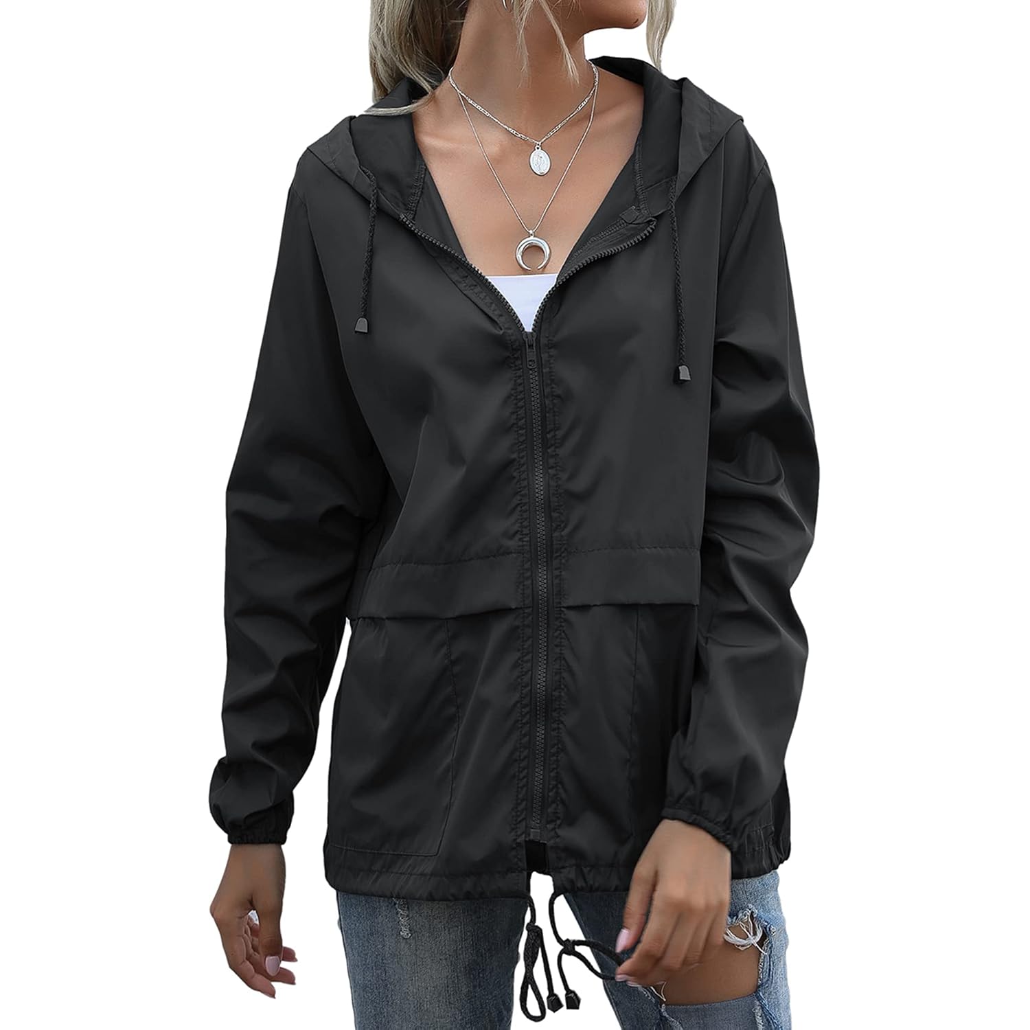 Women'S Waterproof Raincoat Lightweight Rain Jacket Hooded Windbreaker With Pockets For Outdoor