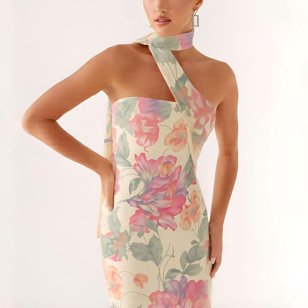 Women Summer Floral Formal Wedding Guest Dress Strapless Tube Dress With Scarf Summer Cocktail Long Maxi Dresses