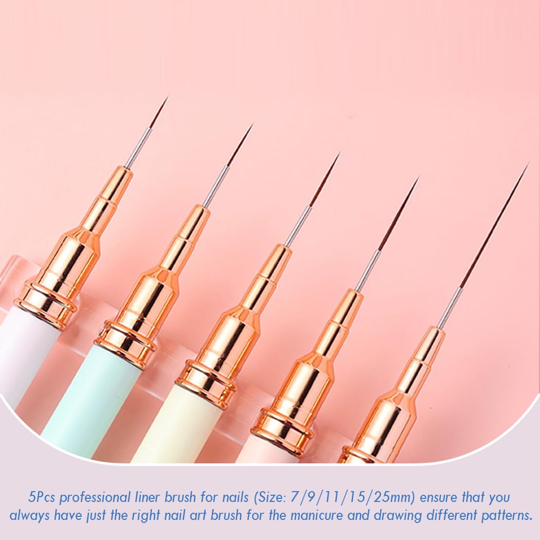 Nail Art Liner Brushes, 5Pcs Gel Polish Painting Art Design Pen Set Striping Brushes for Thin Long Lines, Tiny Details, Fine Drawing, Delicate Coloring Sizes 7/9/11/15/25mm