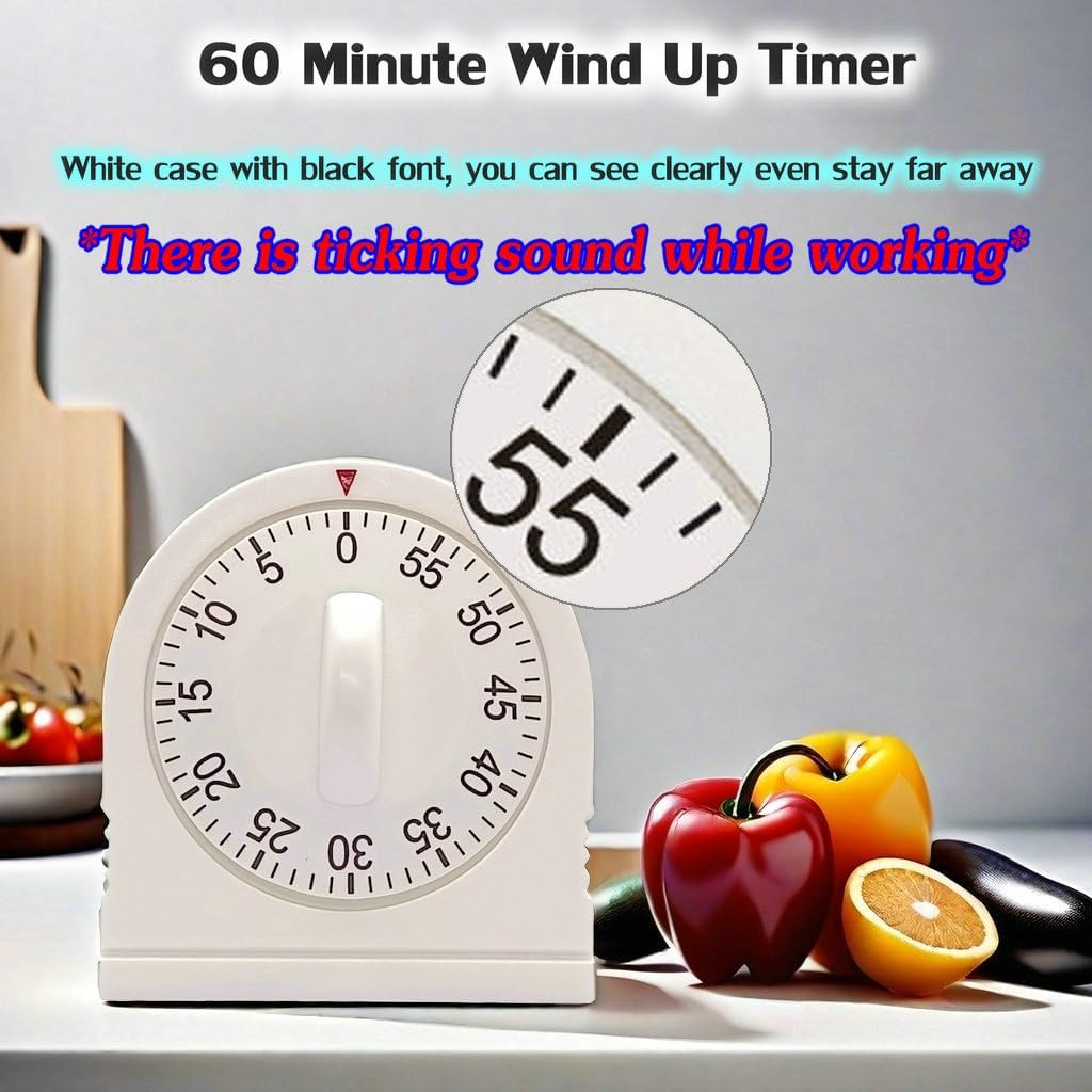 60 Minute Wind Up Timer, Visual Mechanical Timer With Loud Alarm, Manual Countdown Timers For Classroom, Home, Study And Cooking (White)