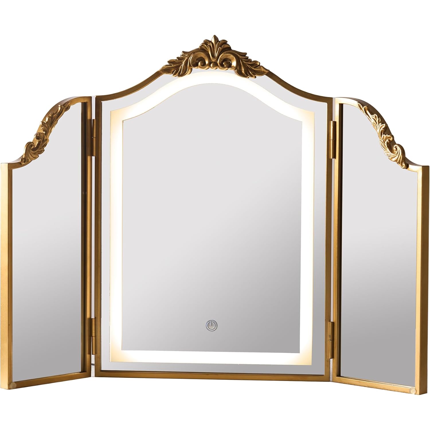 Hsddhome Antique Gold Triple Fold Makeup Mirror With Tri-Color Led Lighting & Dimming, Baroque Carved Arch Vintage Vanity Mirror, Bohemian Decor For Bedroom/Dressing Room, 31X23 Inch