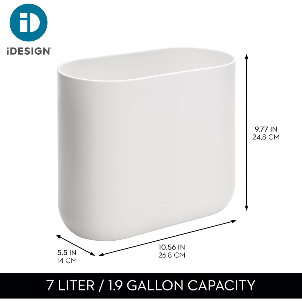 iDesign Small Slim Plastic Bathroom Trash Can, Garbage Can for Bedroom, Office, Desk, Dorm, White
