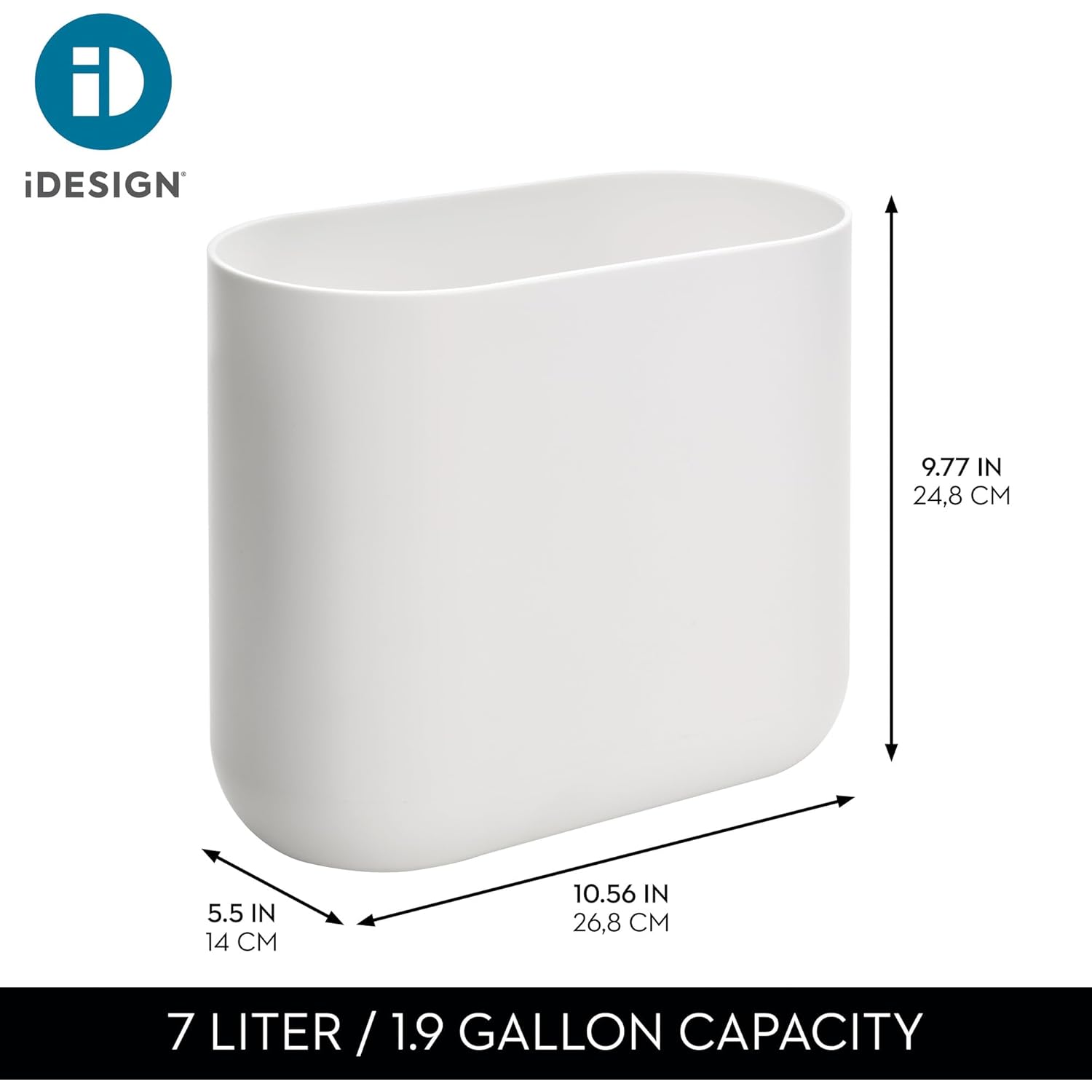 iDesign Small Slim Plastic Bathroom Trash Can, Garbage Can for Bedroom, Office, Desk, Dorm, White