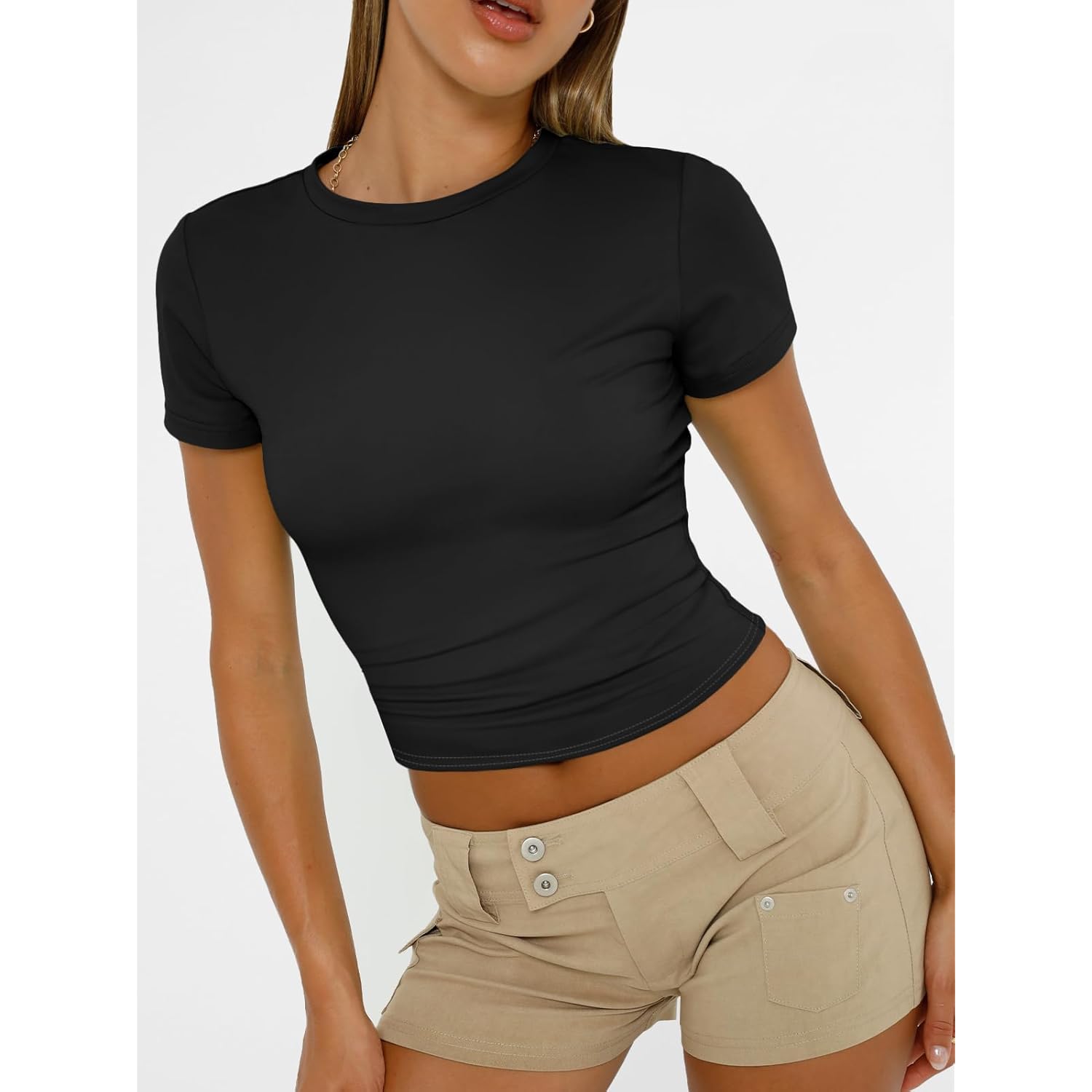 Womens Short Sleeve T Shirts - Buttery Soft Summer Crop Tops Slim Fit Y2k Basic Tees for Workout