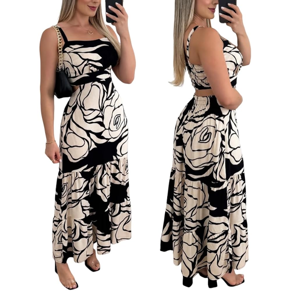 Chicme Summer Dresses For Women 2026 Sleeveless Casual Boho Maxi Dress Square Neck Cut Out Floral A Line Dress