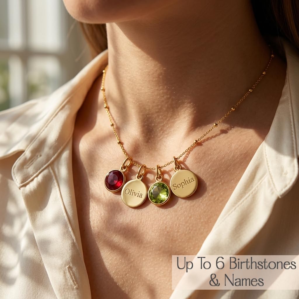 Personalized Birthstone Disc Necklace for Mom or Grandma, Custom Engraved Family Necklace with Names and Birthstones, 13mm Disc Charms with 10mm Round Stones, Gift for Mother, Grandmother, Nana