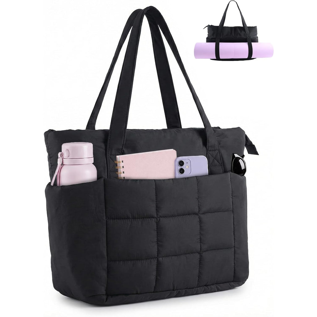 U+U Puffer Tote Bag For Women, Quilted Work Handbag With Compartments, Puffy Shoulder Bag With Yoga Mat Strap For Daily, Gym
