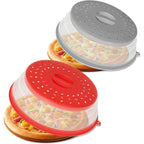 CasaCulina 2 Pack Collapsible Microwave Splatter Cover, Vented Microwave Lid with Hook Hole, Splatter Guard for Plate Dish Bowl, Vegetable Fruit Colander Multi-function Kitchen Gadget(Grey & Red)