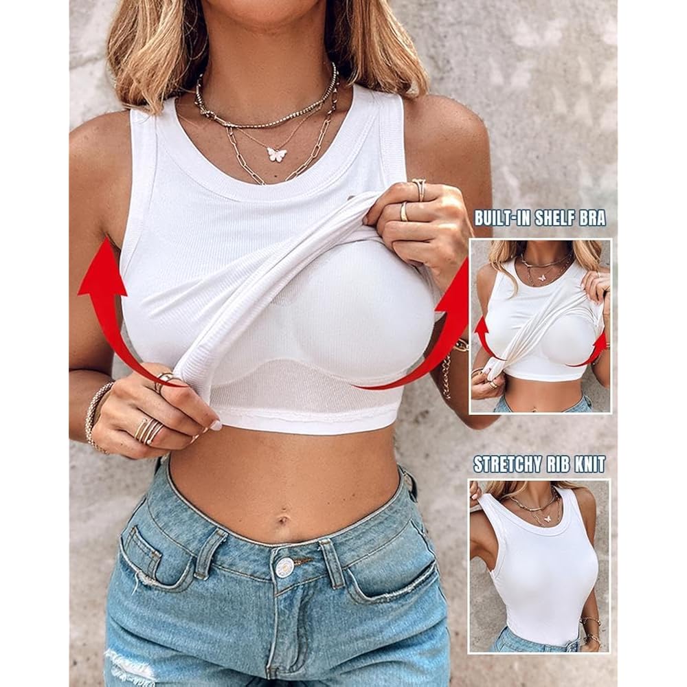 Women Built-in Bra Tank Tops Sleeveless Casual Shirts Racerback Ribbed Fitted Tank Tops