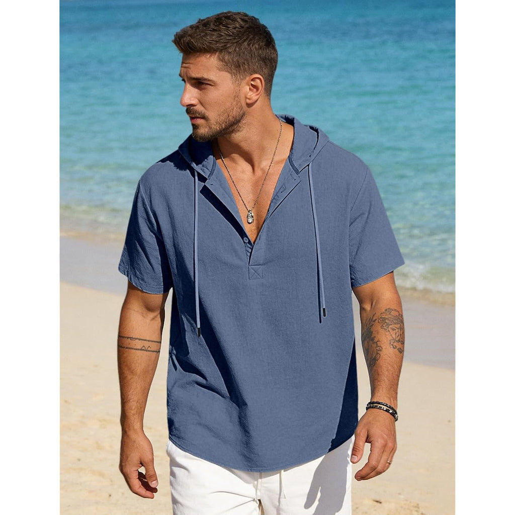 Men'S Cotton Linen Shirts Short Sleeve Casual Button Down Hoodies Summer Hawaiian Beach Top With Drawstring