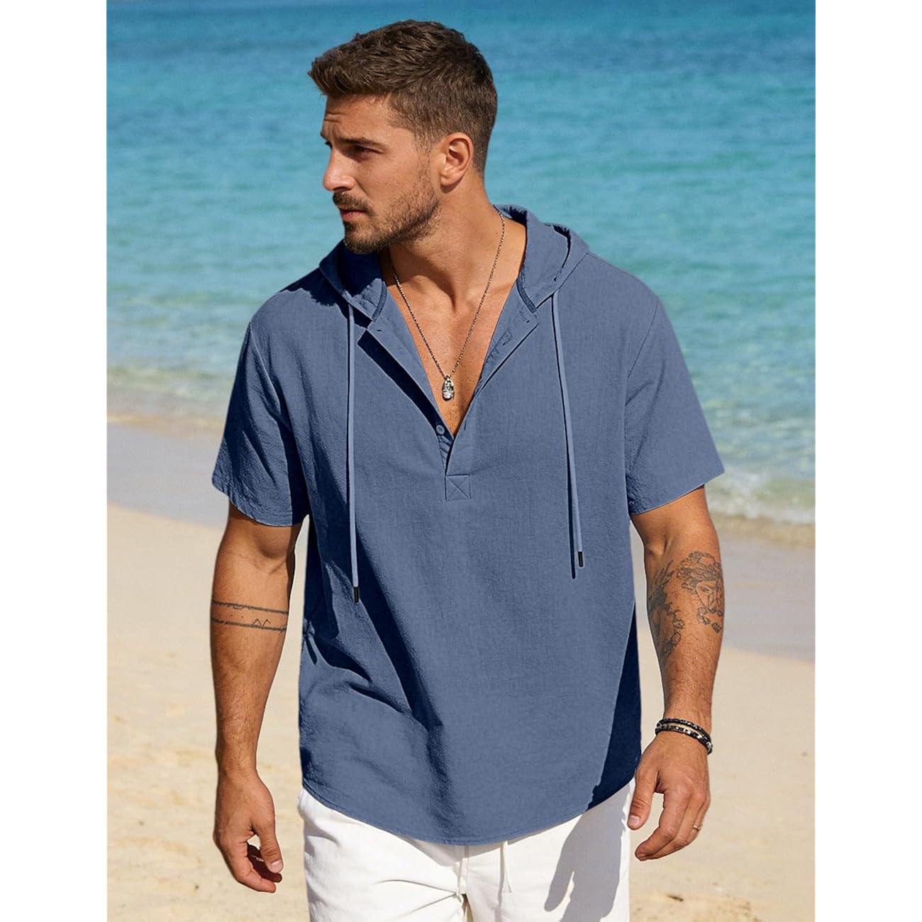 Men'S Cotton Linen Shirts Short Sleeve Casual Button Down Hoodies Summer Hawaiian Beach Top With Drawstring