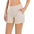 Women's Chino Shorts - 4" Inseam, High Waisted, Elastic, Summer Casual Shorts with 2 Front Pockets