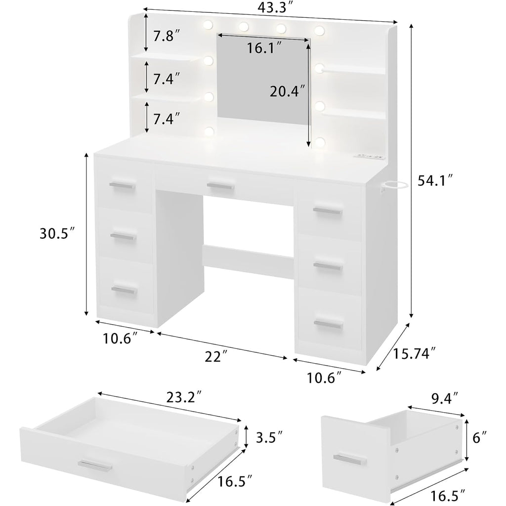 Furmax Vanity Desk With Mirror, Led Lights And Power Outlet Makeup Vanity Table With 7 Drawers And 6 Storage Shelves Dressing Table For Bedroom Dressing Room (White)