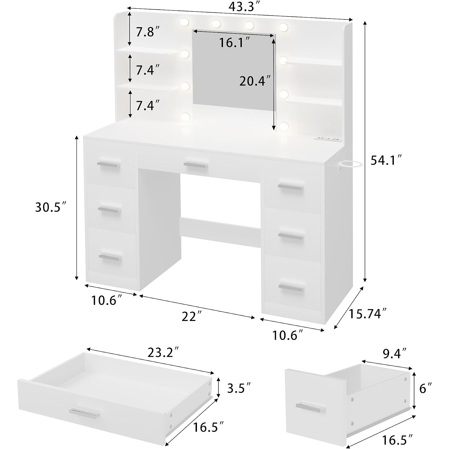 Furmax Vanity Desk With Mirror, Led Lights And Power Outlet Makeup Vanity Table With 7 Drawers And 6 Storage Shelves Dressing Table For Bedroom Dressing Room (White)