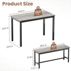 Dining Table Set For 4, Kitchen Table With 2 Benchs, Grey | Modern Functional 3 Piece Space-Saving Dining Room Table Set For Apartment, Breakfast Nook, Small Space