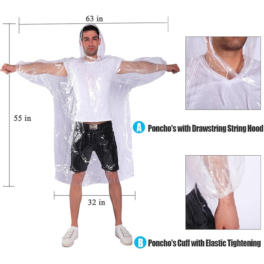 Cooy Rain Ponchos,With Drawstring Hood （10 Pack） Emergency Disposable Rain Ponchos Family Pack For Adults,Clear