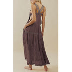 Women'S Casual Lace Embroidered Maxi Dress Adjustable Strap Pleated Tiered Swing Long Dress With Pockets