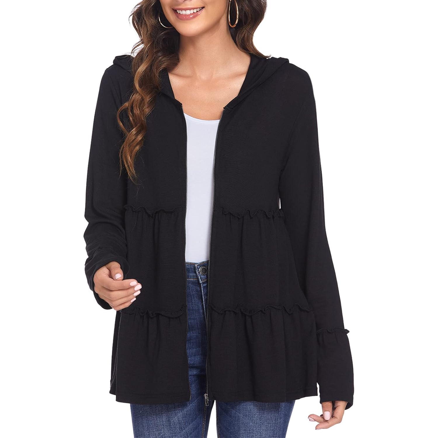 Full Zip Up Hoodie for Women Pleated Tiered Ruffle Hooded Sweatshirts Jacket Coat Long Sleeve