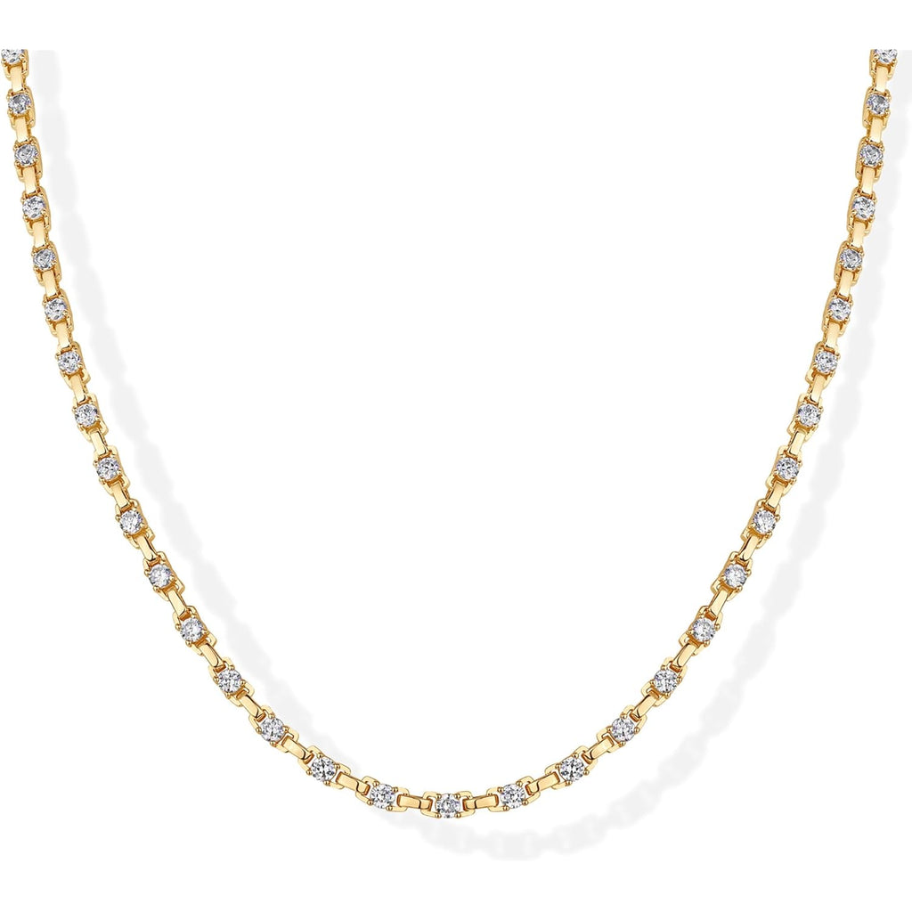 PAVOI 14K Gold Plated Simulated Diamond Tennis Necklaces for Women - Classic Tennis Chain - Timeless Station Round and Pear Cubic Zirconia Stones Choker Necklace