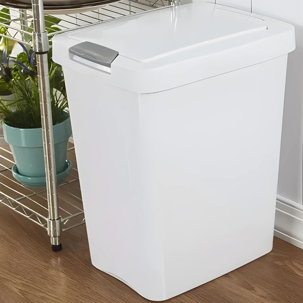 7.5 Gallon White Wastebasket With Touch-Open Lid: Ideal Office Trash Can, Under Sink Trash Can, Or Garbage Can With Lid For Kitchen, Bathroom, Mudroom