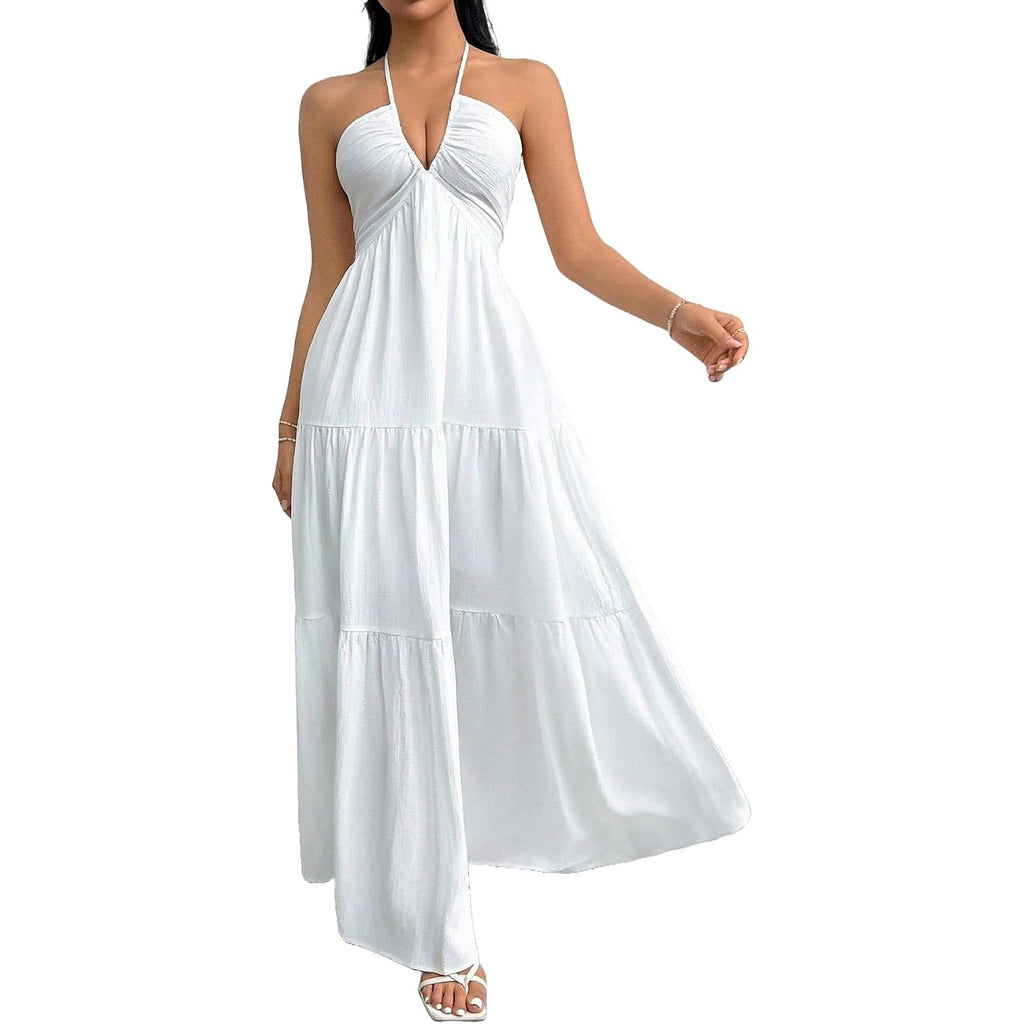 Narecte Women'S Maxi Summer Dresses Halter V Neck Beach Dresses For Women A-Line Casual Dress For Vacation