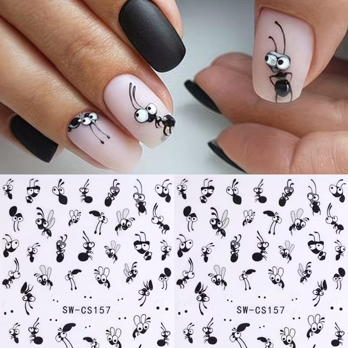 Cute Expression Nail Art Stickers Cute Black Ant Cartoon Nail Decals 6PCS 3D Self-Adhesive Black Ants Face Expression Playful Design Manicure Stickers Gel Polish Sliders for Women DIY Nail Decorations