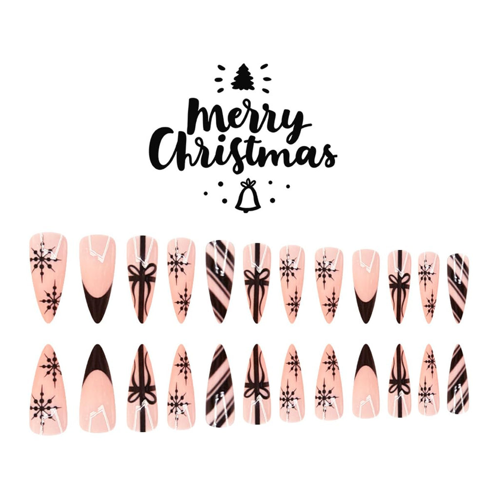 24Pcs Christmas Press on Nails Long Almond French Tip Fake Nails with Black Stripes Christmas Gifts Design Snowflake False Nails Winter Holiday Stick on Nails for Women DIy Acrylic Manicure Decoration