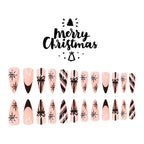 24Pcs Christmas Press on Nails Long Almond French Tip Fake Nails with Black Stripes Christmas Gifts Design Snowflake False Nails Winter Holiday Stick on Nails for Women DIy Acrylic Manicure Decoration