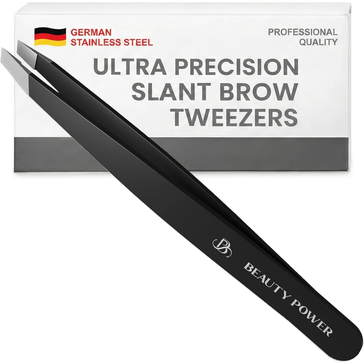 Beauty Power Tweezers for Women Facial Hair: Ultra Precision Tweezers for Women & Men, Sharp Slant Tweezer for Eyebrows, Ingrown Hair Removal. Professional Plucker + Case, German Stainless Steel Black