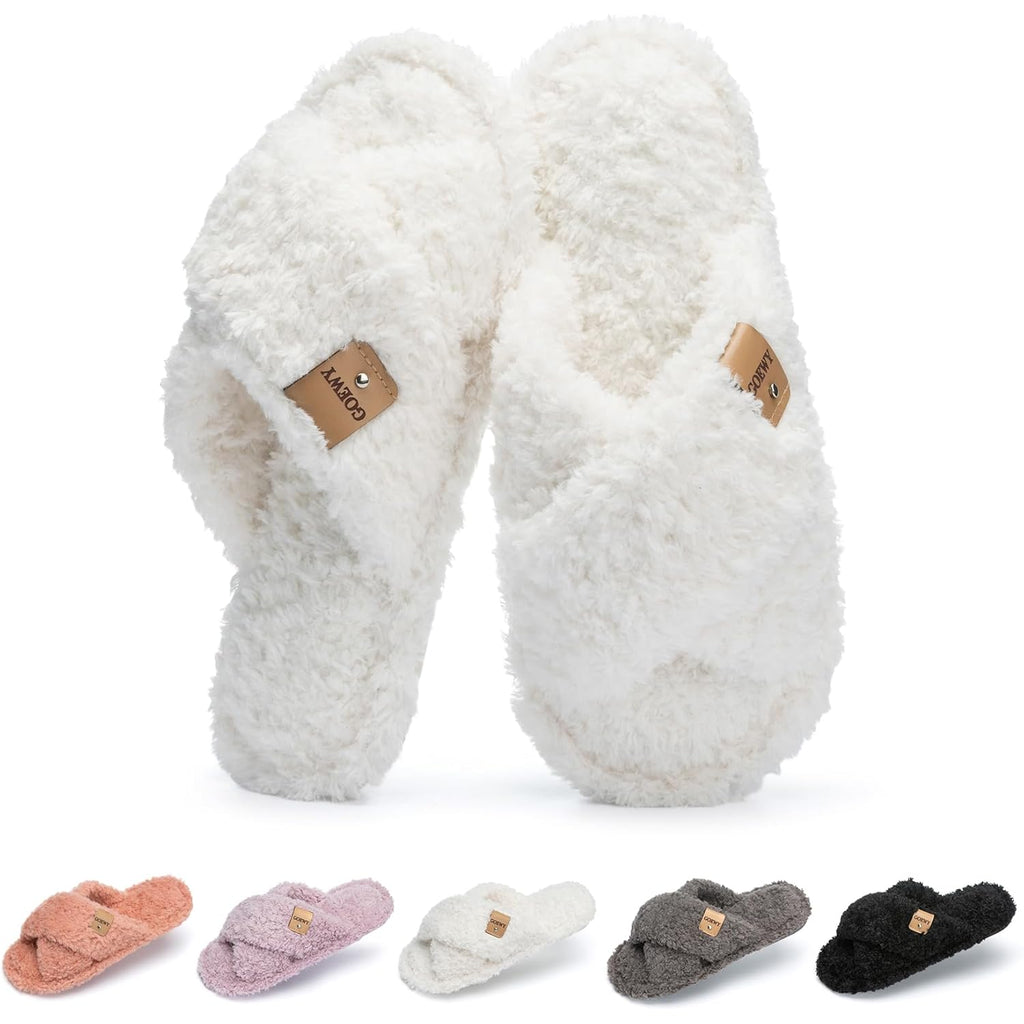 GOEWY Fuzzy Open Toe Slippers for Women Indoor and Outdoor with Memory Foam Cozy Cross Band Women's Slipper Cute Soft House Shoes Slip On Gifts for Womens Mom Her Ladies Bridesmaid