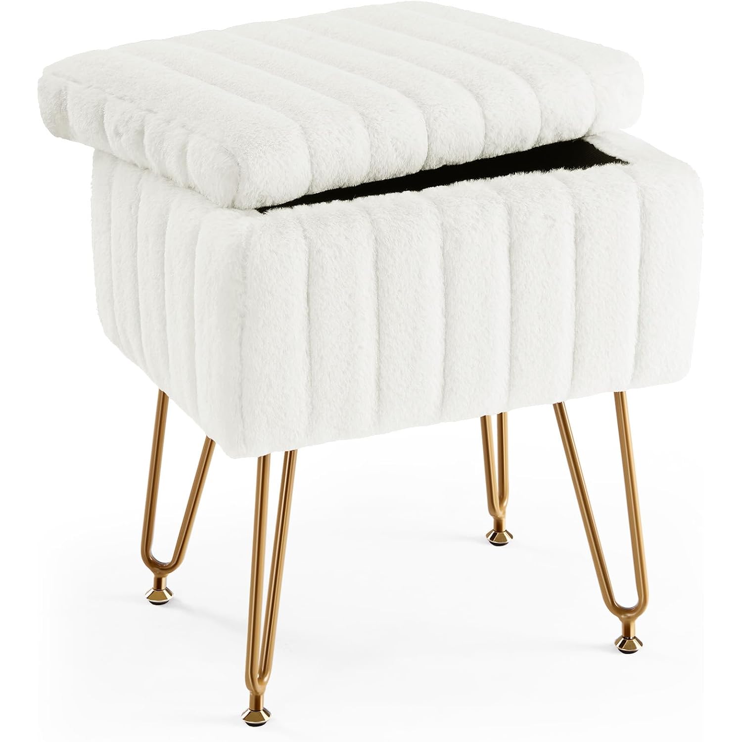 Sweetcrispy Vanity Stool Chair With Storage, Ottoman Faux Fur Soft Padded Makeup Footstools Seat With 4 Metal Legs Anti-Slip Adjustable Feet Modern Cute Small Footrest For Home Entryway Bedroom White