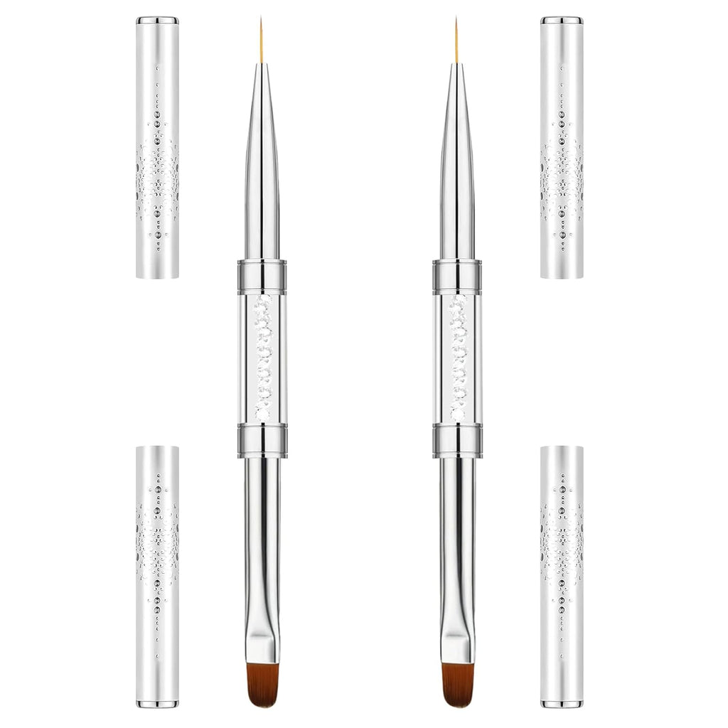 2 Pcs Double-Ended Builder Gel Brush, Hard Gel Nail Brushes Oval French Tip Brush, Liner Brushes for Nails, Rhinestone Handle Nail Drawing Brushes for Design Nail