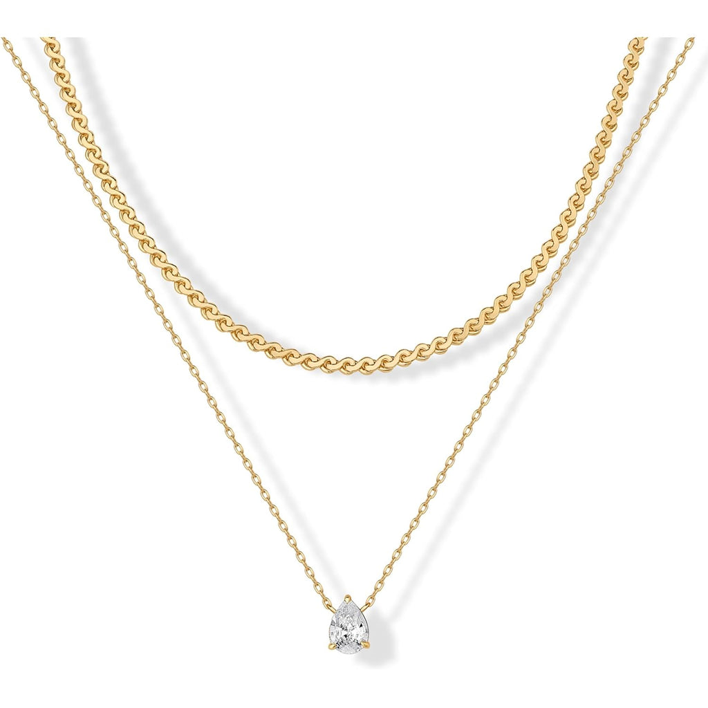 PAVOI 14K Gold Plated Twisted Singapore Chain Layering Choker with Round Solitaire and Serpentine Chain Layering Choker with Pear-Cut Stone Pendant Necklace Pack for Women | Cubic Zirconia Statement Layered Necklace Set