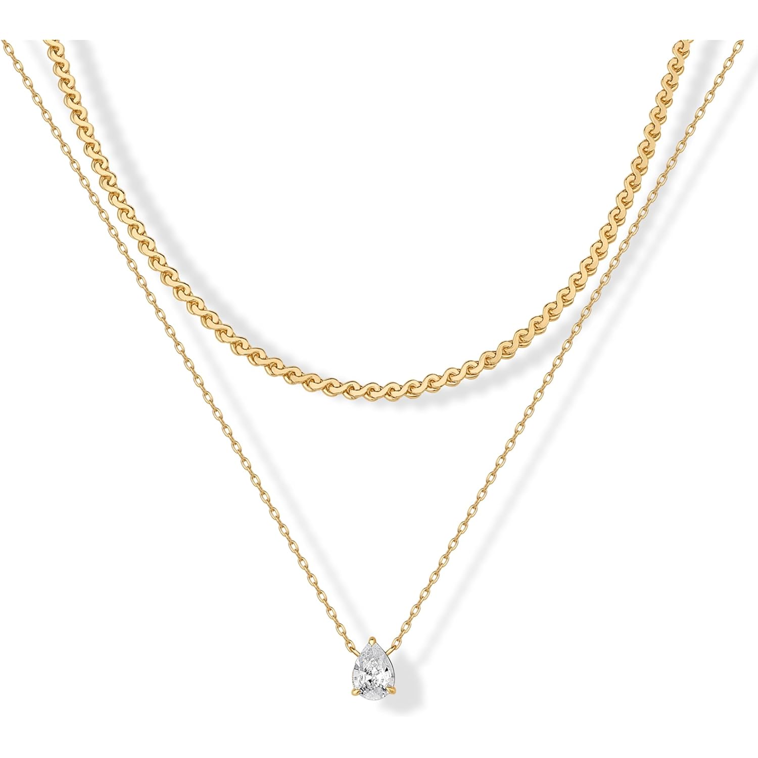 PAVOI 14K Gold Plated Twisted Singapore Chain Layering Choker with Round Solitaire and Serpentine Chain Layering Choker with Pear-Cut Stone Pendant Necklace Pack for Women | Cubic Zirconia Statement Layered Necklace Set