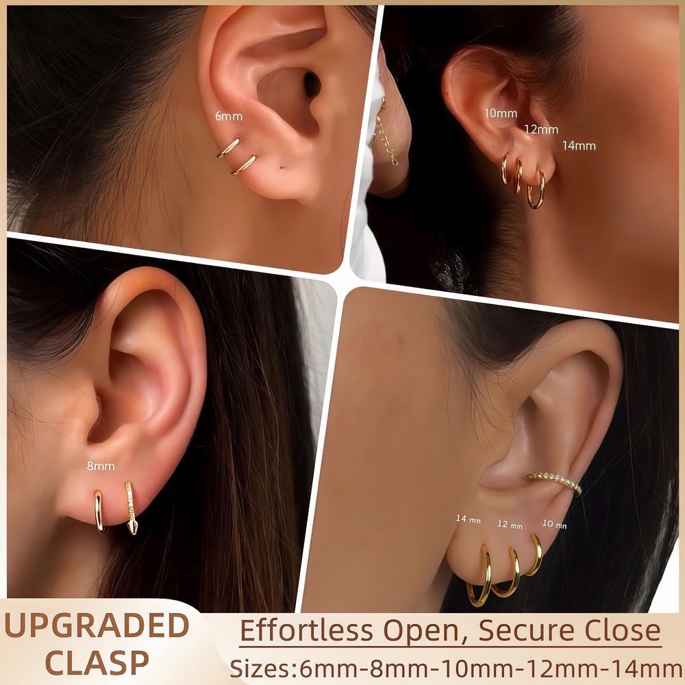 5 Pairs 14K Gold Plated Huggie Hoop Earrings for Women - Lightweight Minimalist Small Hoops, Hypoallergenic Nickel-free Lead-free, Non-Tarnish Everyday Jewelry for Sensitive Ears, Multiple Piercing Stack Set