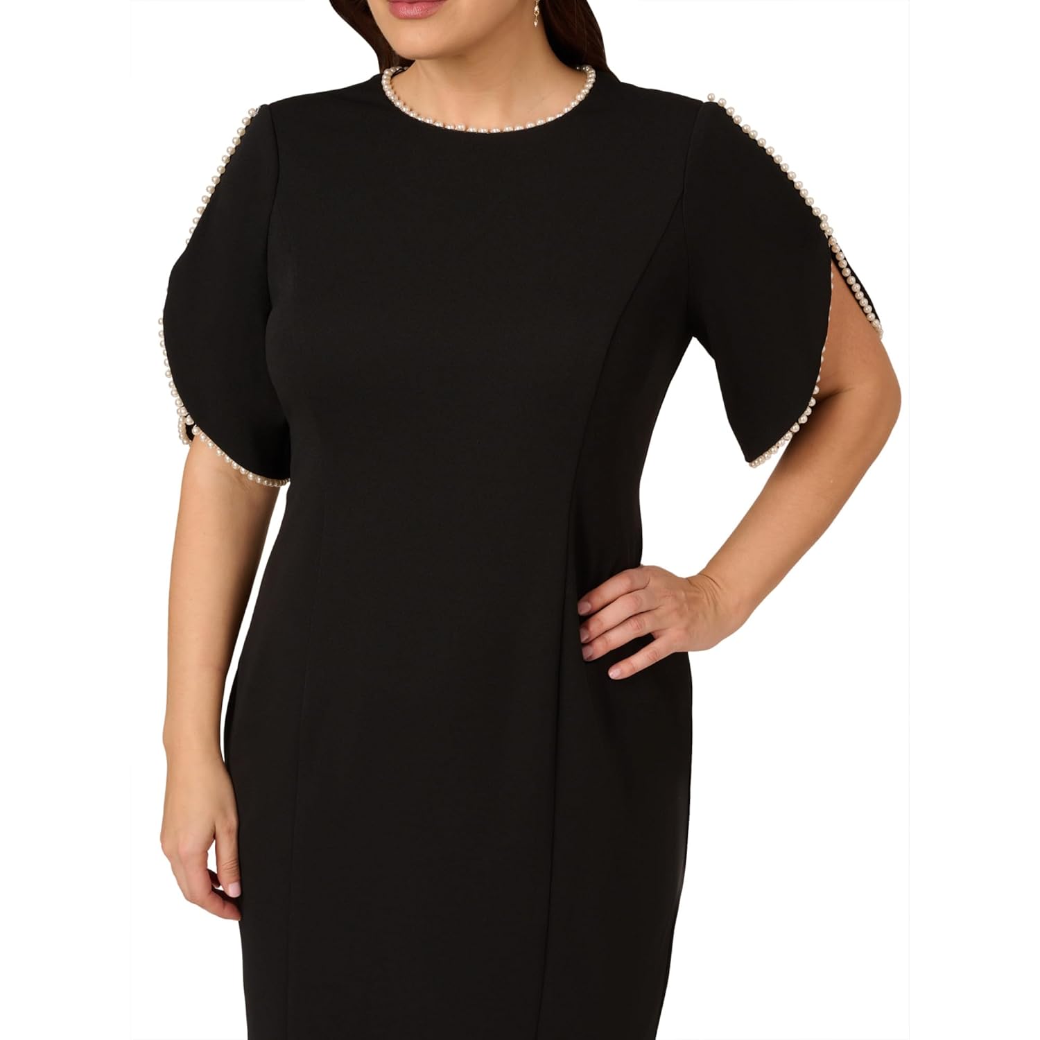 Adrianna Papell Women's Knit Crepe Pearl Midi Dress | Knee Length Cocktail Dress with Pearl Trim & Tailored Fit