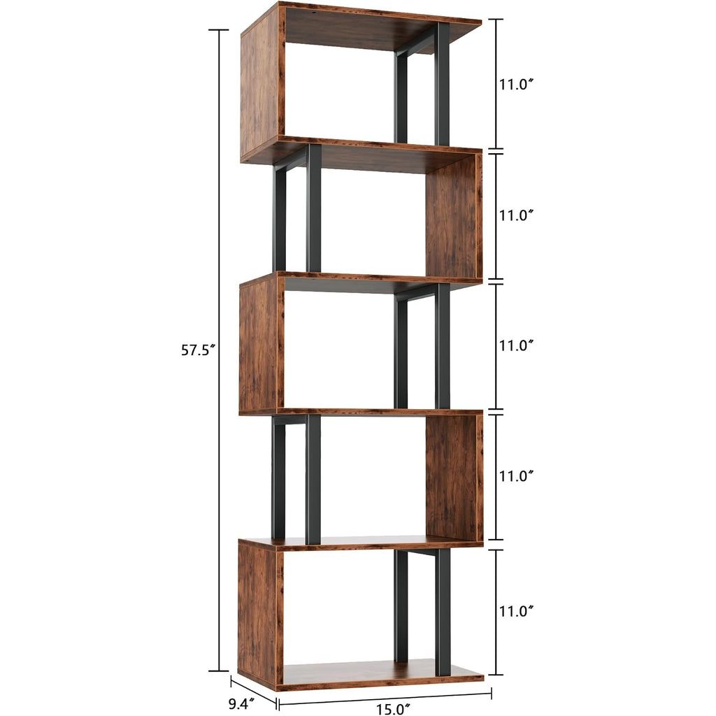 Furologee 6 Tier Bookshelf, Tall S Shaped Geometric Bookcase, Modern Display Shelf Standing Unit, Wood Metal Decorative Divider Rack For Living Room Bedroom Office, Rustic Brown