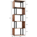 Furologee 6 Tier Bookshelf, Tall S Shaped Geometric Bookcase, Modern Display Shelf Standing Unit, Wood Metal Decorative Divider Rack For Living Room Bedroom Office, Rustic Brown