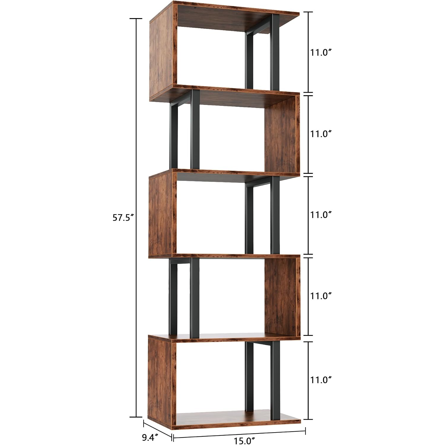 Furologee 6 Tier Bookshelf, Tall S Shaped Geometric Bookcase, Modern Display Shelf Standing Unit, Wood Metal Decorative Divider Rack For Living Room Bedroom Office, Rustic Brown