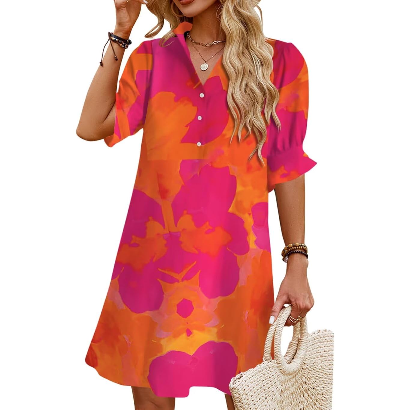 Wkior Women'S Casual Shirt Dress Button Down Ruffle Sleeve Shift Summer Mini Dresses With Pockets