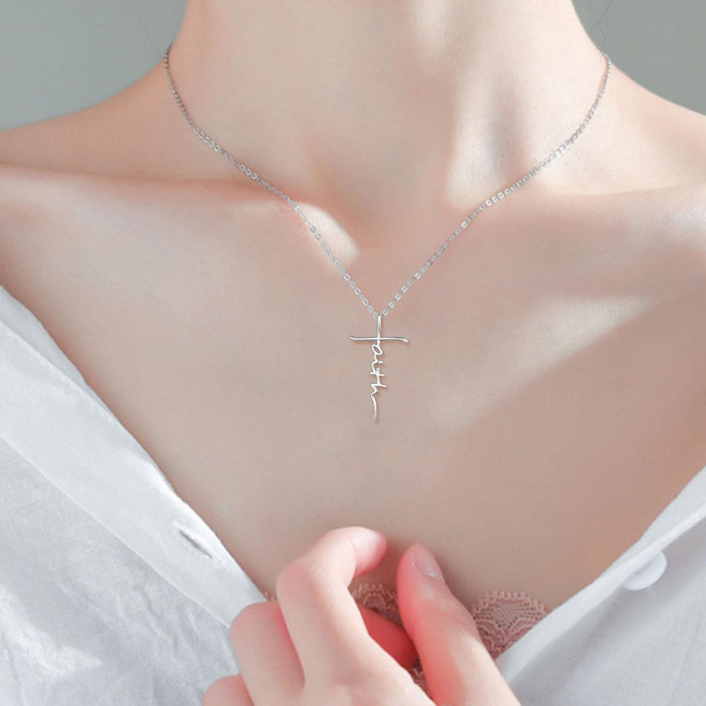 PRAYMOS Faith Cross Necklace for Women 925 Sterling Silver Pendant Necklace With Birthstone Initial Christian Religious Confirmation Baptism Mothers Day Gifts