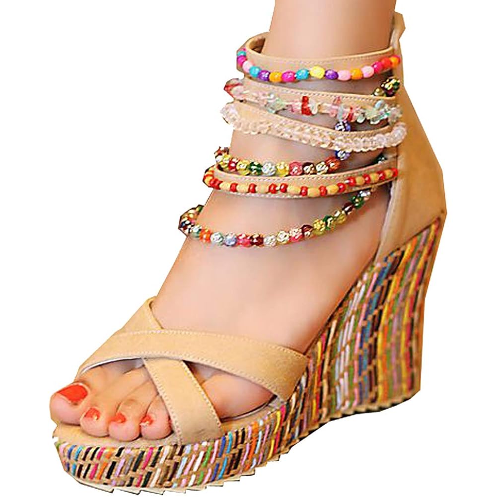 Getmorebeauty Women'S Wedge Sandals With Pearls Across The Top Platform Sandals High Heels