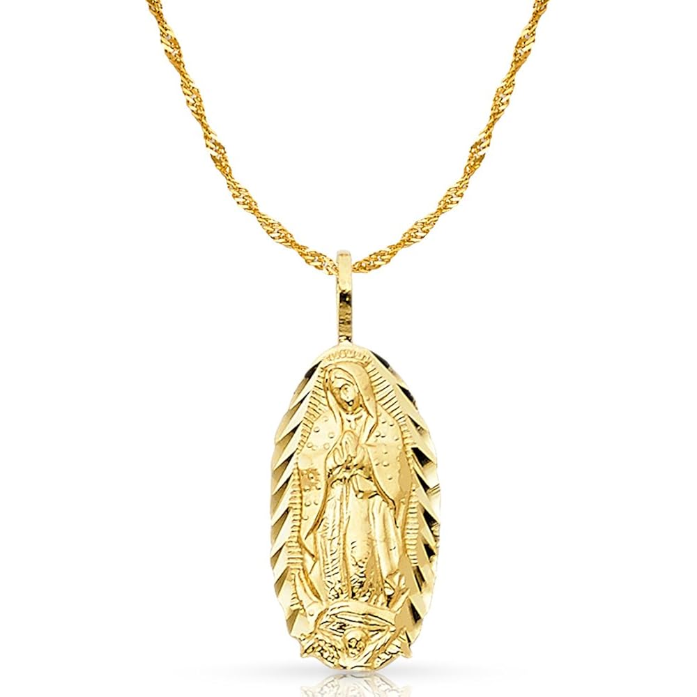 14K Yellow Gold Our Lady of Guadalupe Charm Pendant with 1.2mm Singapore Chain Necklace