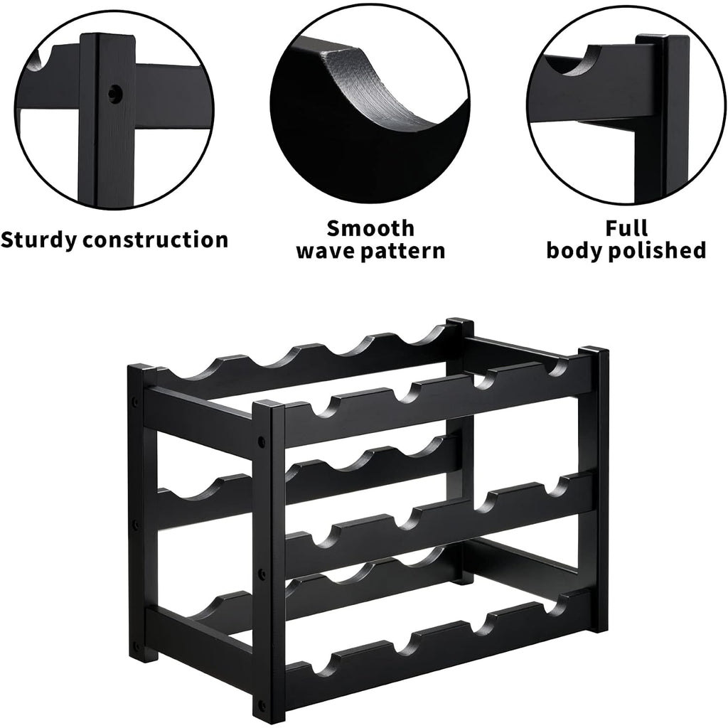 Vasmia Bamboo Wine Rack, Sturdy And Durable Wine Storage Cabinet Shelf, Wine Racks Countertop For Pantry,Kitchen,3-Tier 12 Bottles Wine Rack Black